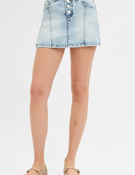 High Rise Button Down Skort- Light Wash