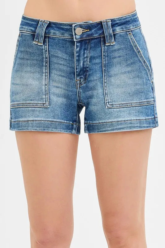 Low Rise Patch Pocket Denim Shorts - Medium Wash