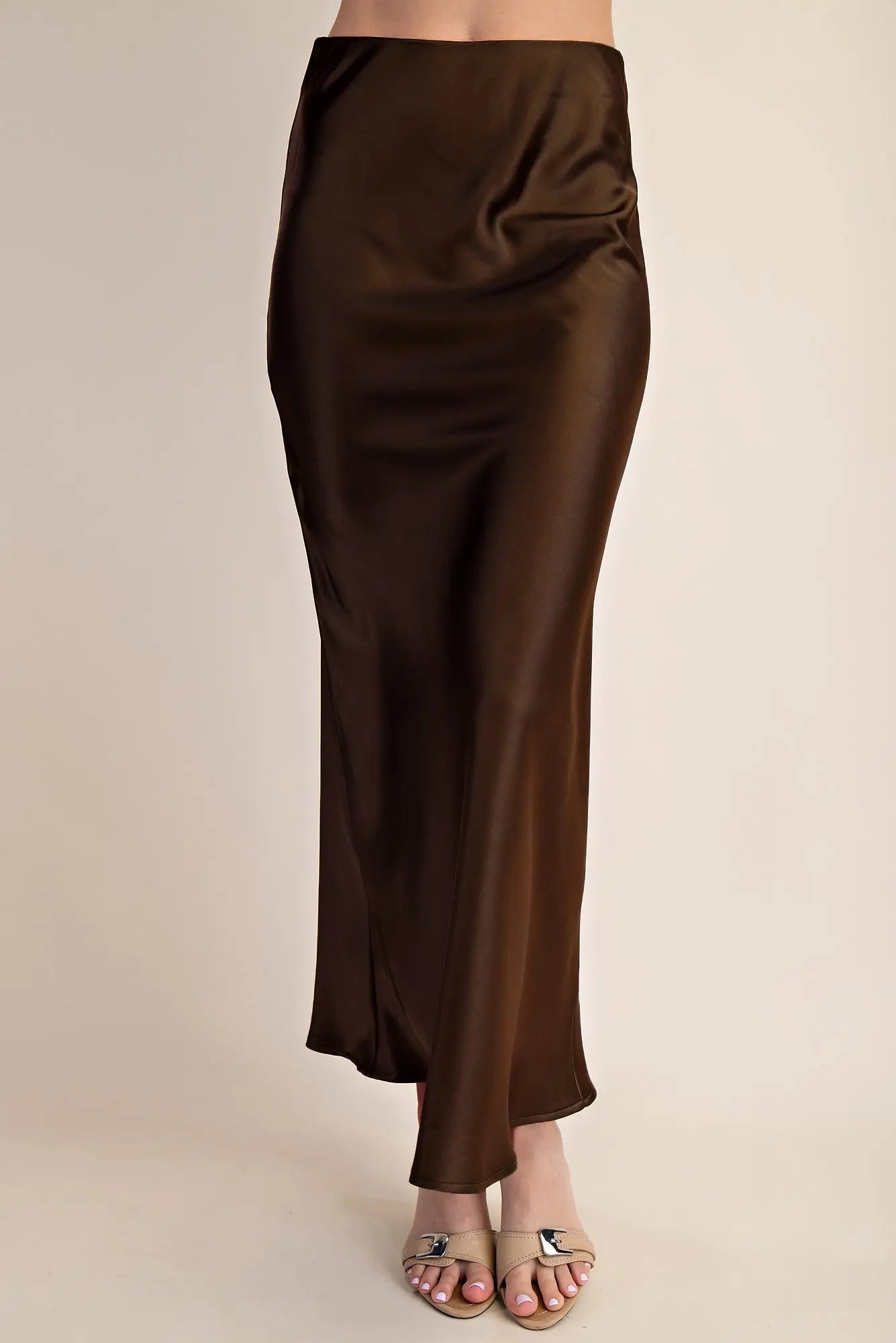 Gracefully Yours Satin Midi Skirt - Brown