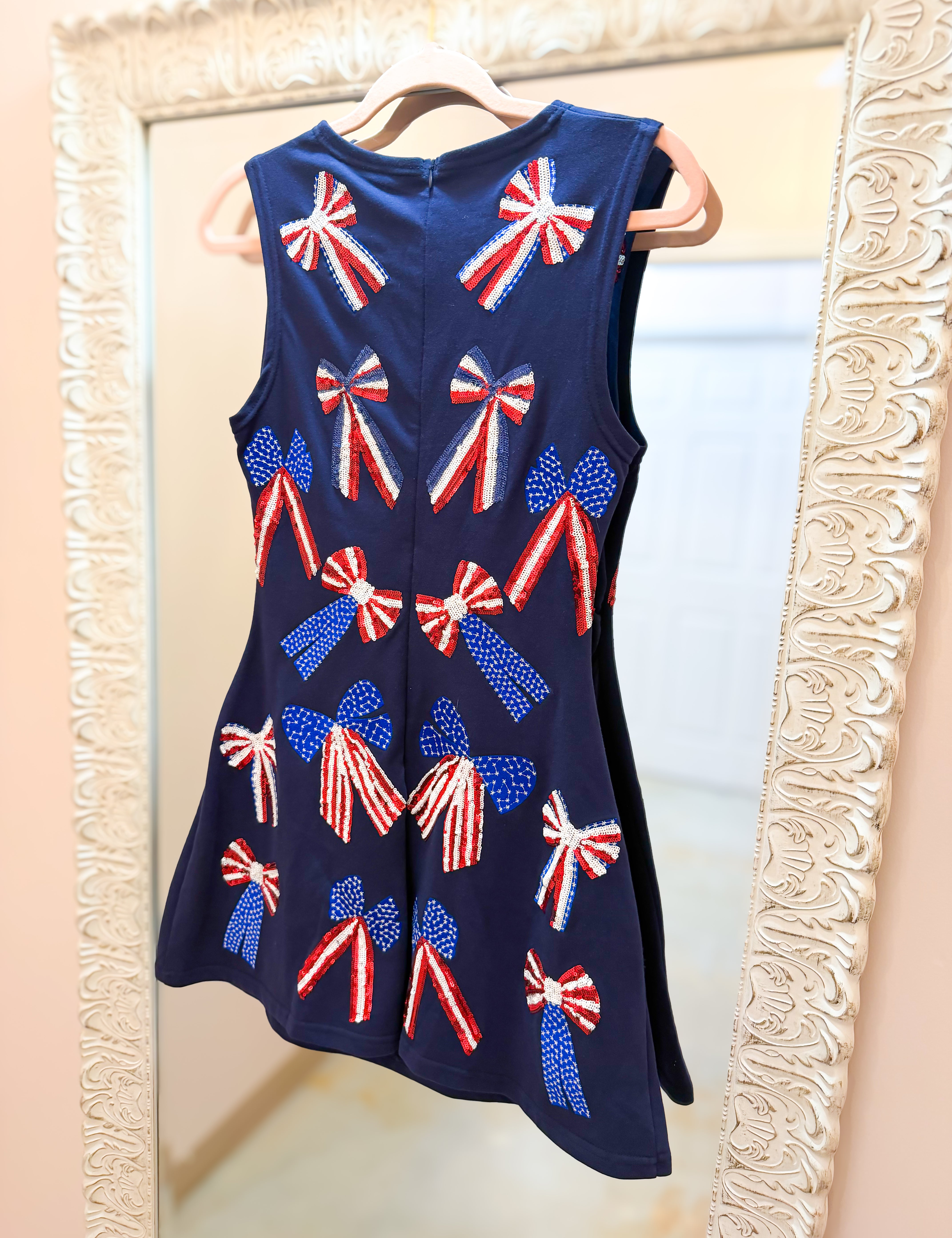 QOS Navy Red, White, and Blue Bow Tan