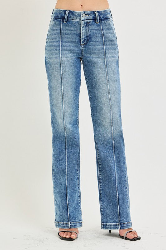 Tummy Control High Rise Straight Pin Tuck Jeans - Medium Wash