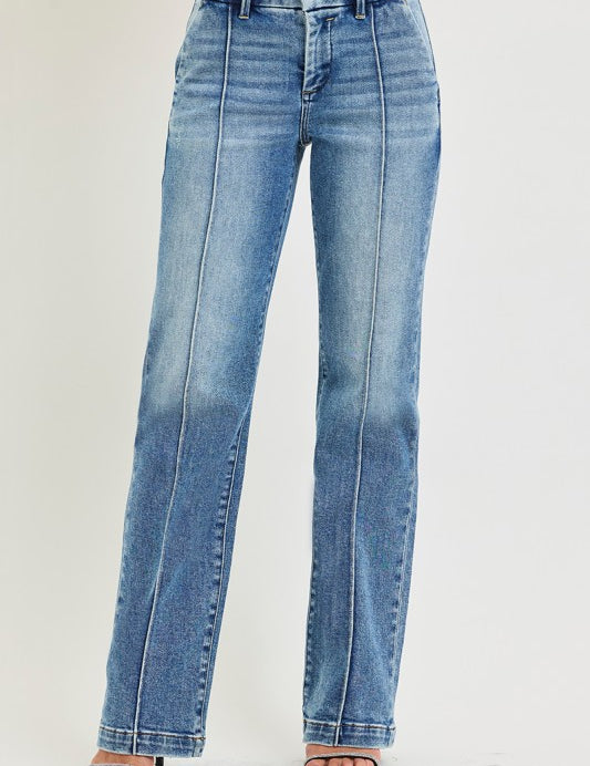 Tummy Control High Rise Straight Pin Tuck Jeans - Medium Wash