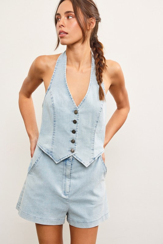 Validate Me Vest Romper Denim