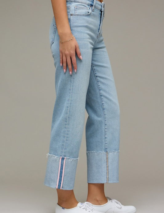 Ella High Rise Cropped Pink Tape Cuffed Classic Straight Jeans - Light Wash