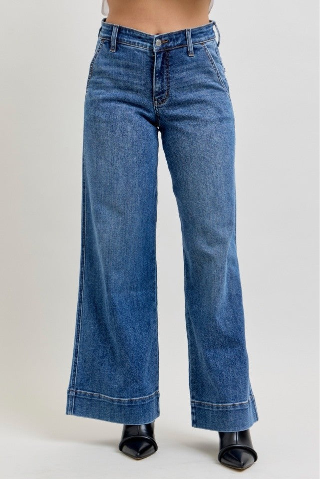 Judy Blue Wide Leg Retro Mr Petite Trousers - Dark Wash